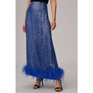 NEW Let Me Be Anthropologie Sequined Feather Trim Maxi Skirt Blue Large